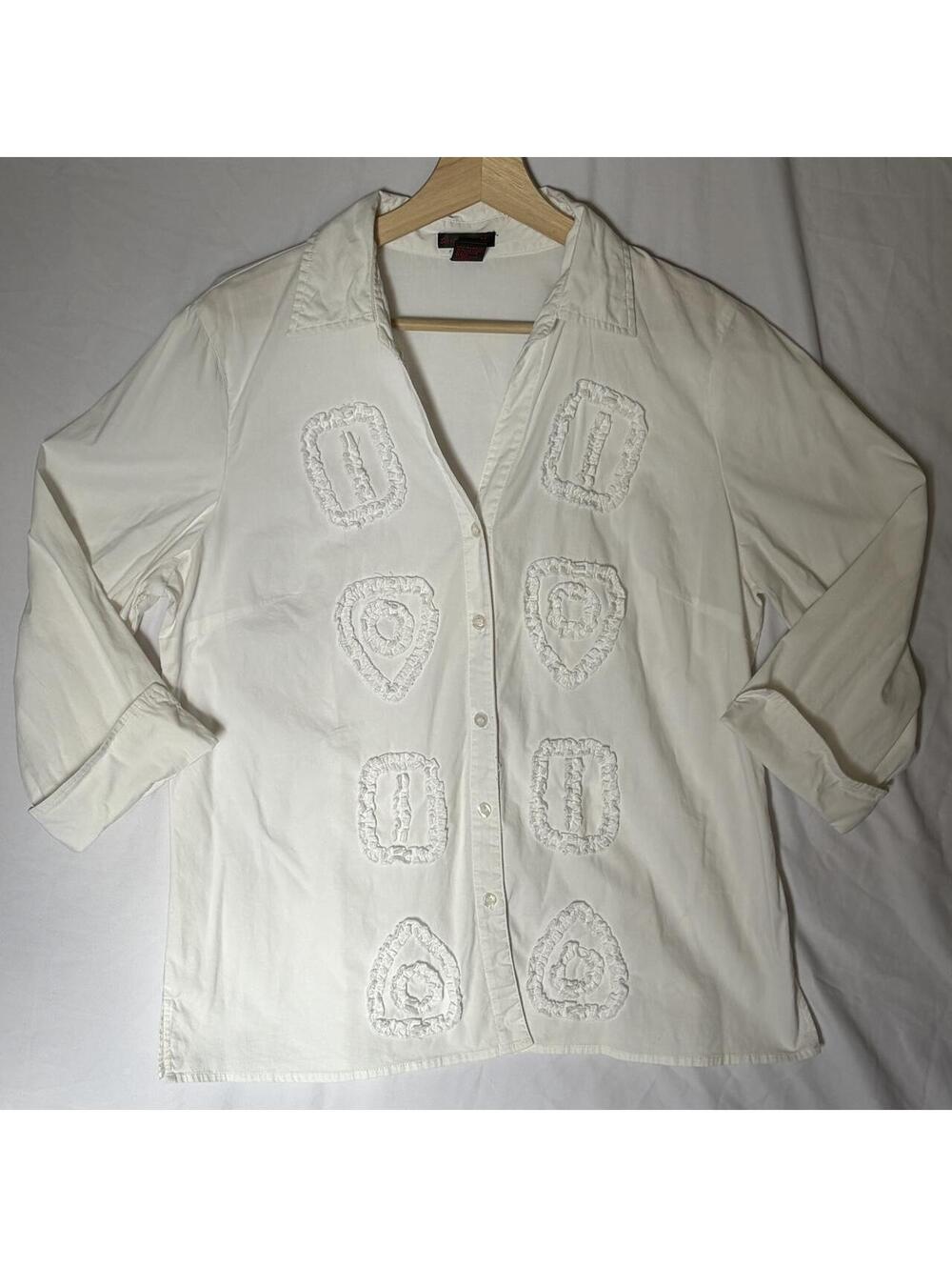 White Button Up Geometric Applique Classic Y2K
